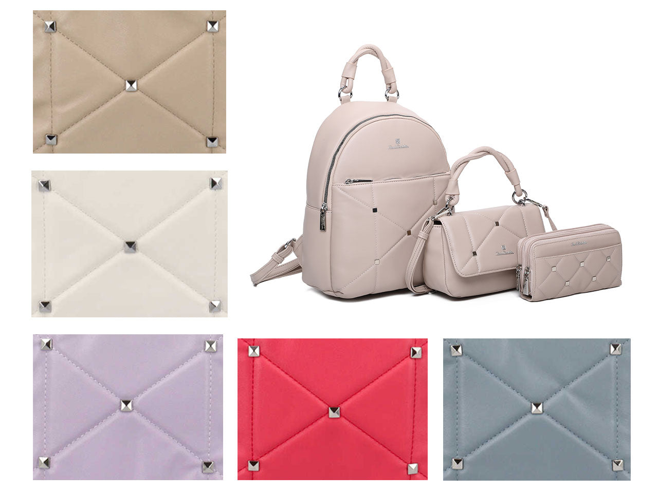 Set 3 pezzi donna zaino, borsa e porafoglio in similpelle trapuntata, colori assortiti - Renato Balestra