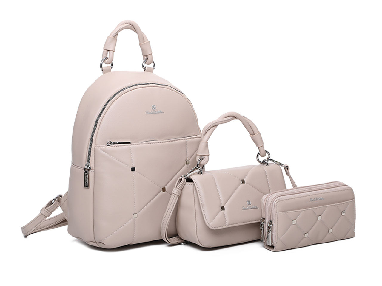 Set 3 pezzi donna zaino, borsa e porafoglio in similpelle trapuntata, colori assortiti - Renato Balestra