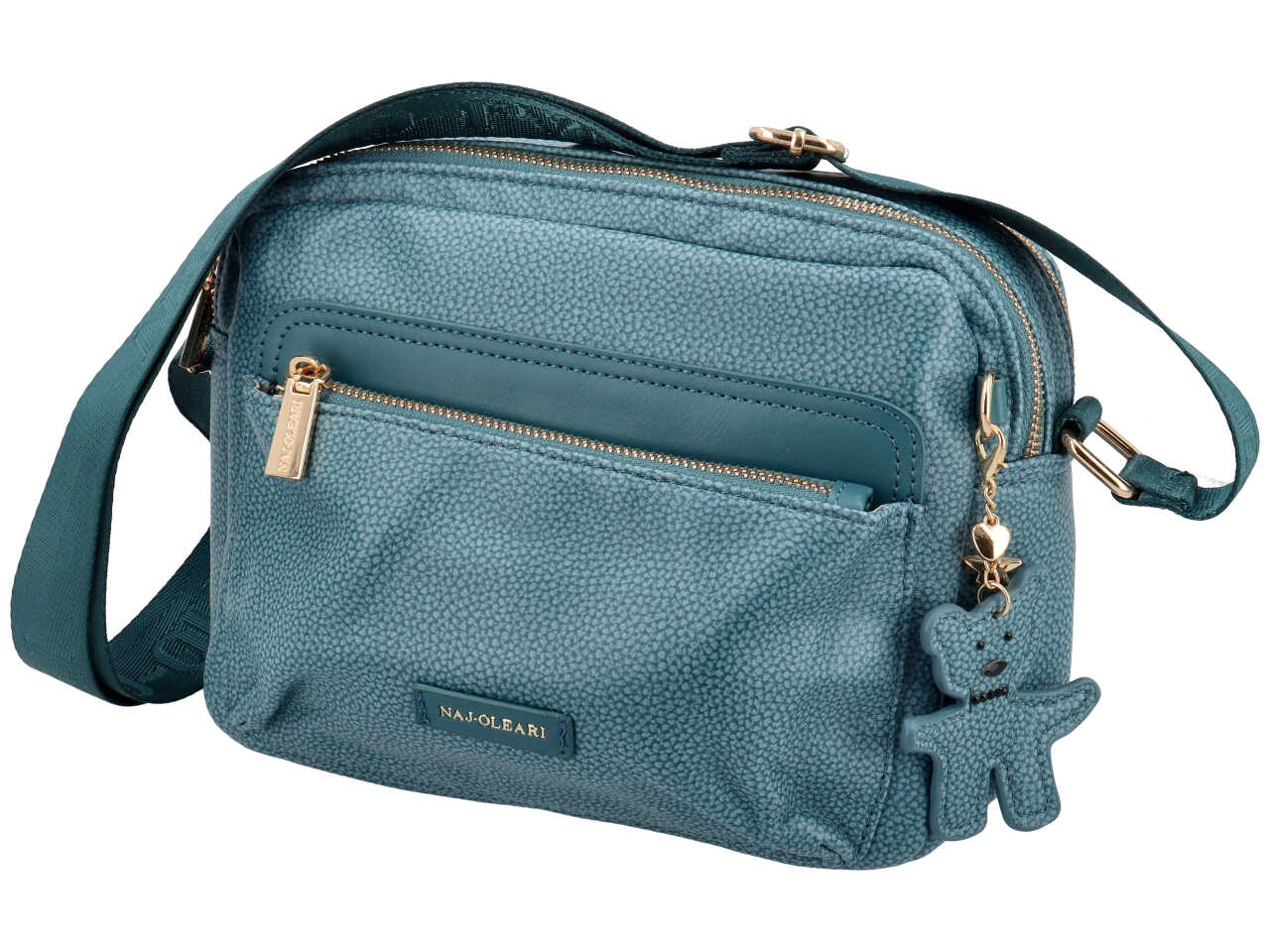Borsa con tracolla da donna colore blu jeans similpelle con ciondolo orsetto, 20x24x10 cm Naj Oleari