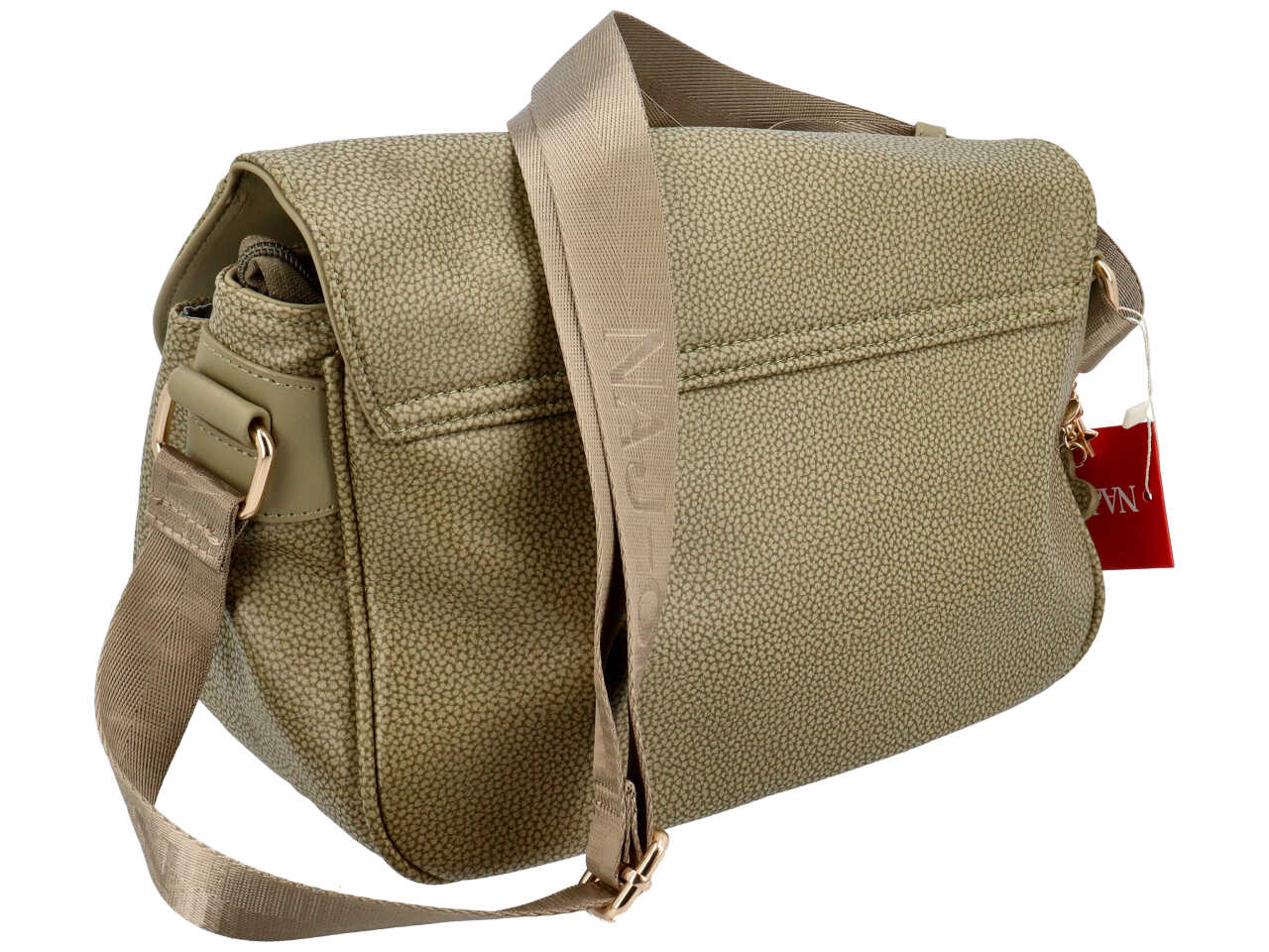 Borsa con tracolla da donna verde oliva in similpelle con ciondolo orsetto, 20x28x14 cm - Naj Oleari