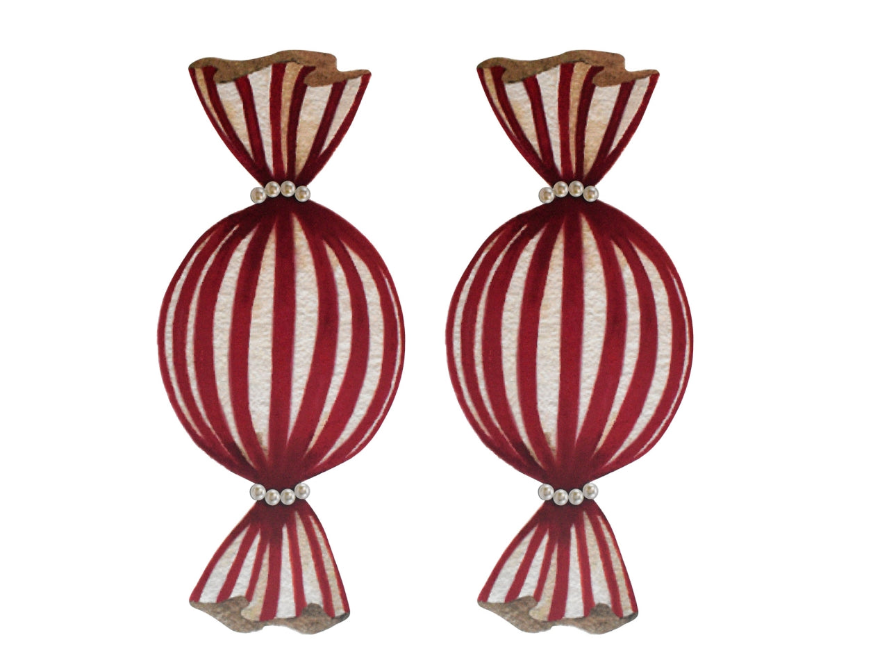 Decorazione pearl candy a righe rosse e bianche ruby 18x40cm in becks 5mm - la confezione contiene 2 caramelle con foro da appendere