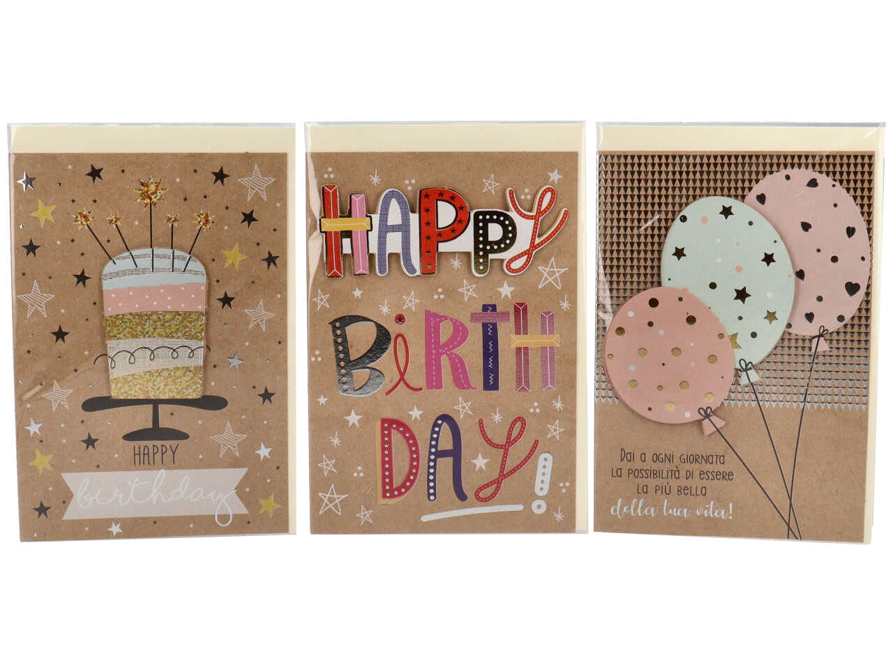 Biglietti per compleanno kraft linea cartomania greetings con fili oro olografico e applicazioni 3d misura 11,8x16,8cm