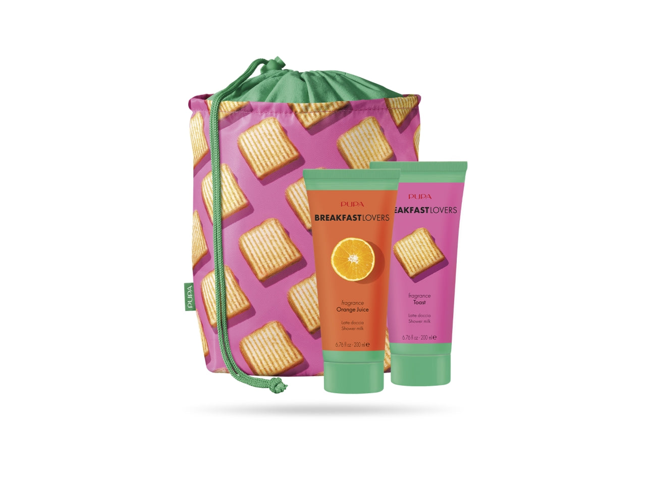 Pupa breakfast lovers kit 3 con latte doccia da 200ml fragranza orange juce&toast - il kit contiene 2 latte doccia