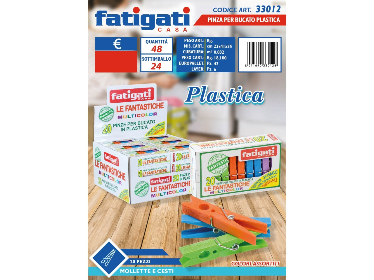 Mollette per bucato in plastica colorate, confezione da 20 pezzi - Fatigati