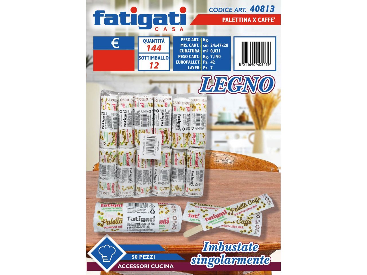 Palettine per caffe' incartate singolarmente in legno -  confezione da 50 palettine