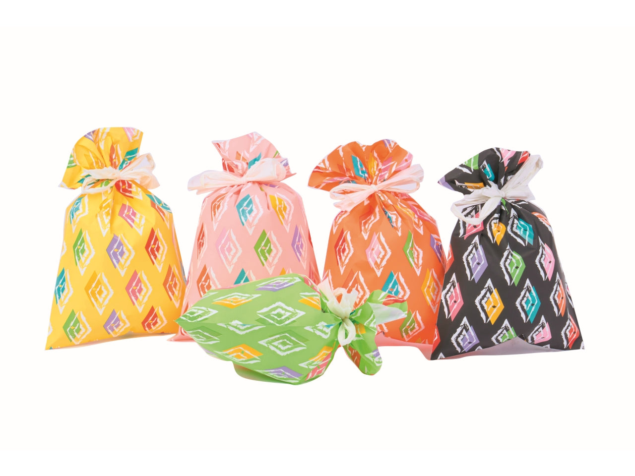 Sacchetti da regalo fantasia geometrica con rombi colorati multicolor in carta plastificata, confezione da 100, in 4 colori assortiti - 16x25 cm - Piennepi