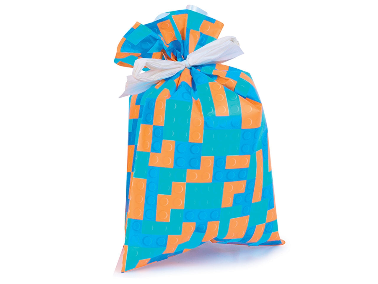 Sacchetti da regalo fantasia geometrica multicolor in carta plastificata, tema mattoncini costruzione colorati, confezione da 100, in 4 colori assortiti - 16x25 cm - Piennepi