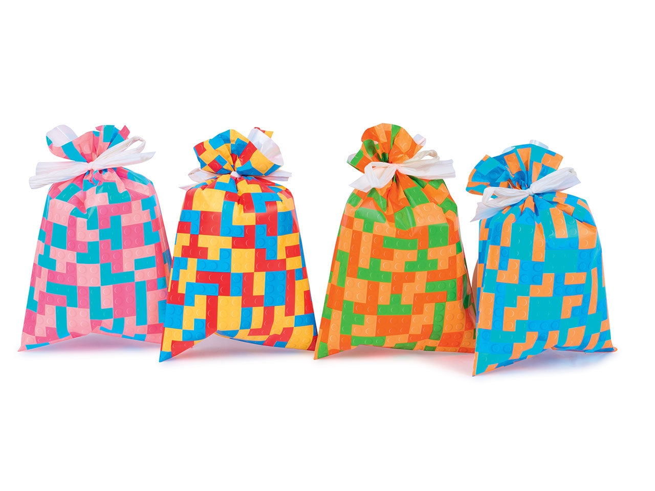 Sacchetti da regalo fantasia geometrica multicolor in carta plastificata, tema mattoncini costruzione colorati, confezione da 100, in 4 colori assortiti - 25x40 cm - Piennepi