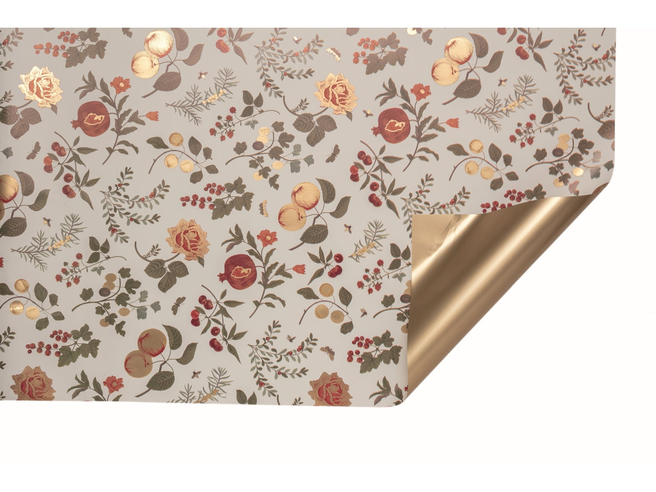 Rotolo carta da regalo floreale autunnale panna e dorata in polipropilene 40my, 1x25m - Piennepi