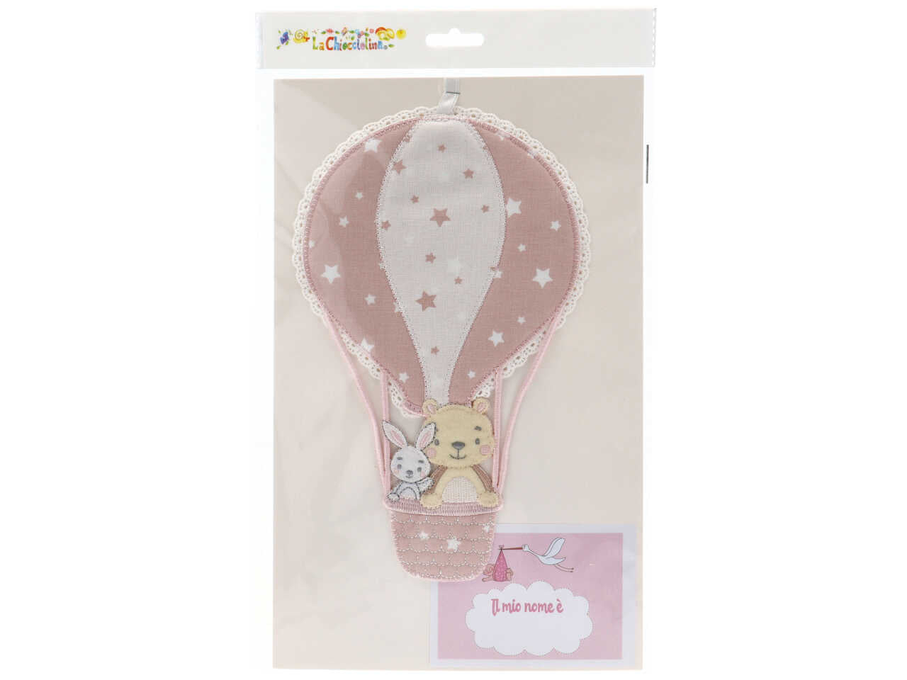 Sopraculla bambina mongolfiera in cotone bianco e rosa 24x15 cm - La chiocciolina