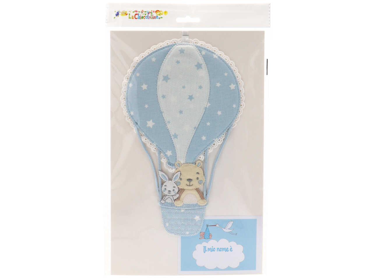 Sopraculla bambino mongolfiera in cotone bianco e azzurro 24x15 cm - La chiocciolina