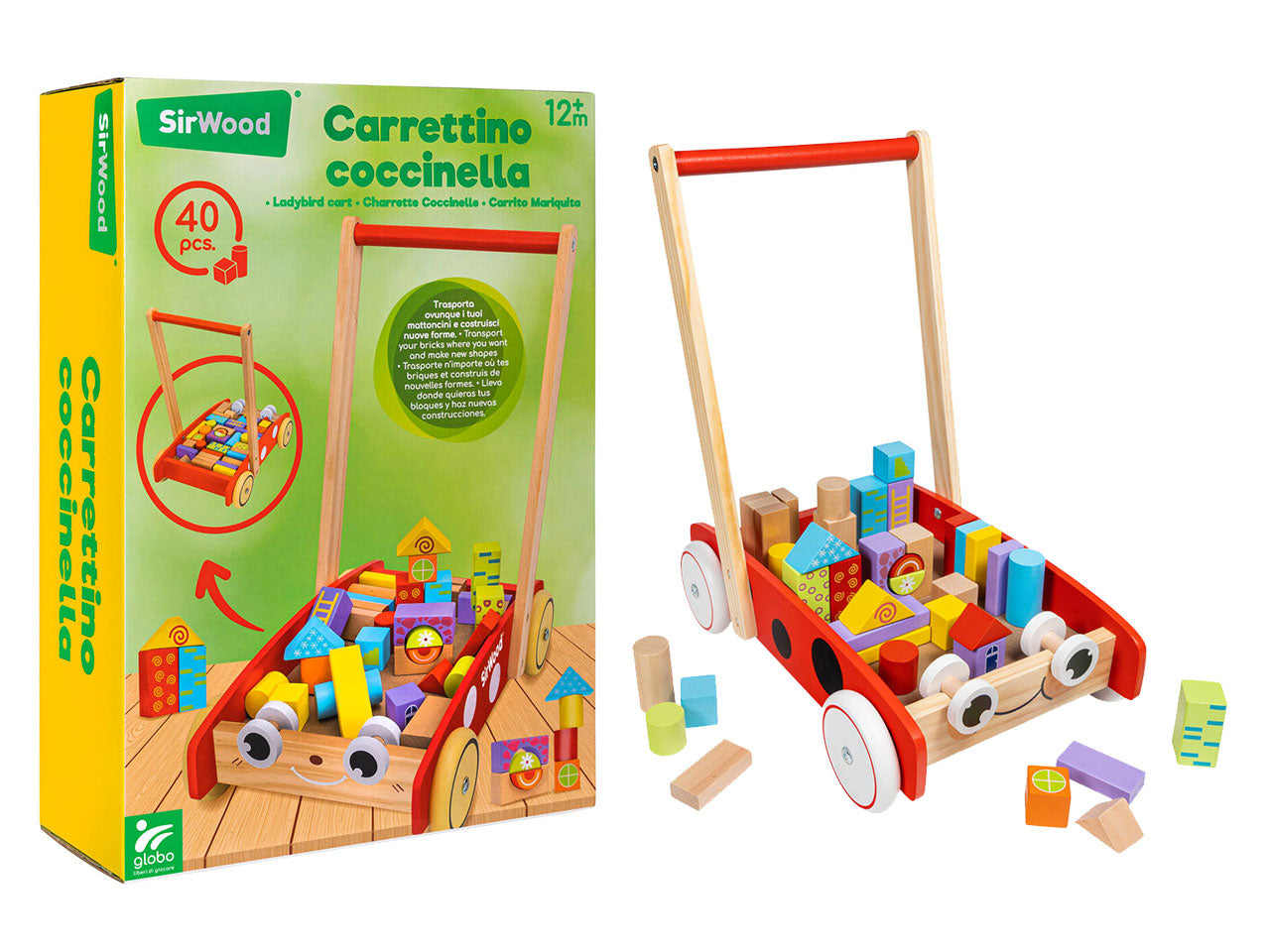 Sirwood carretto legno coccinella con 40 costruzioni
