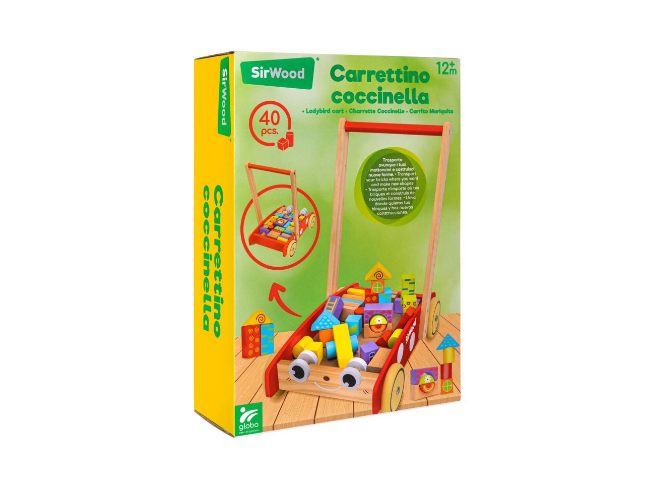 Sirwood carretto legno coccinella con 40 costruzioni