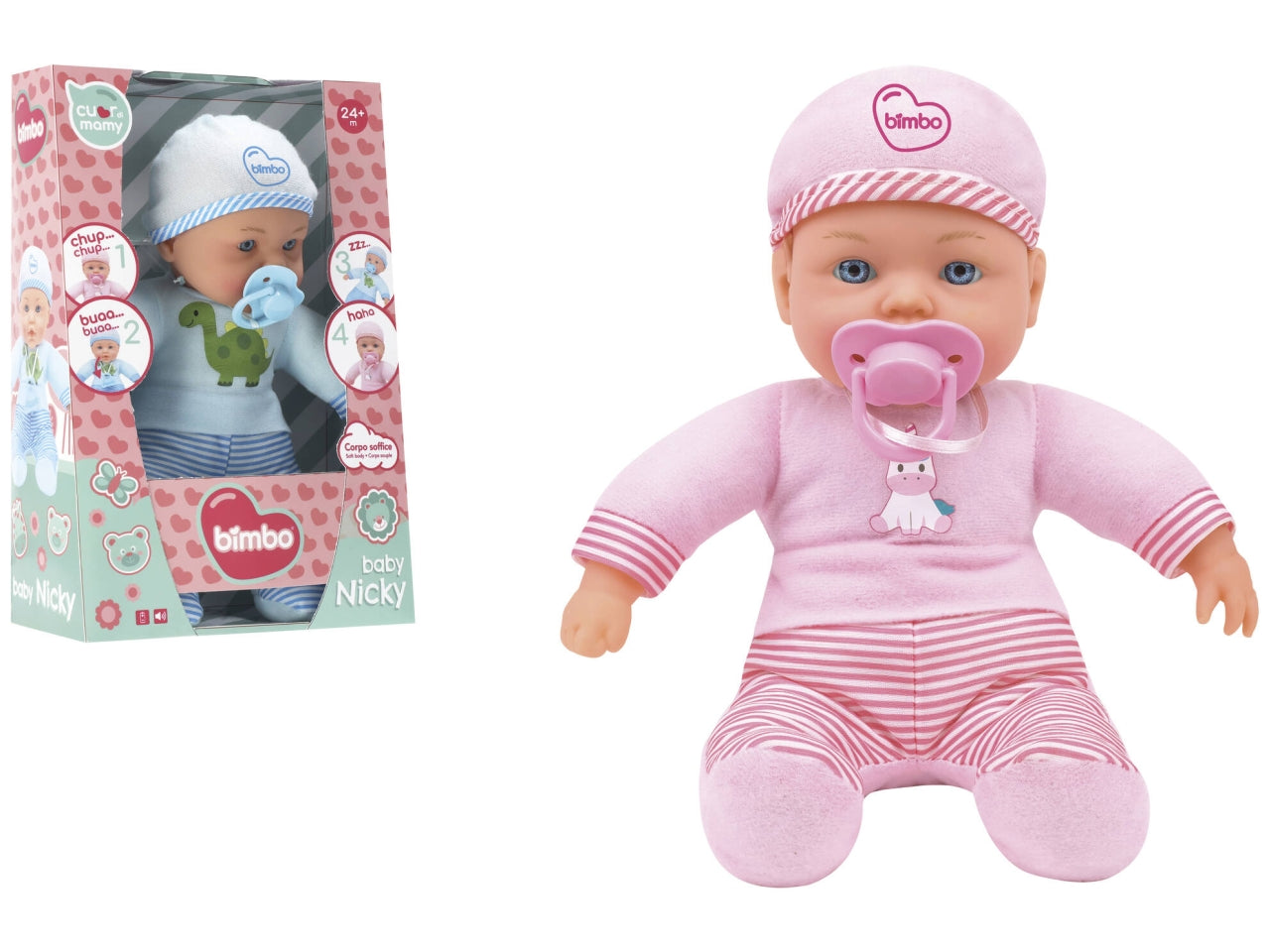 Bimbo bambola soft 30cm con ciuccio e 4 funzioni - disponibile in 2 colori
