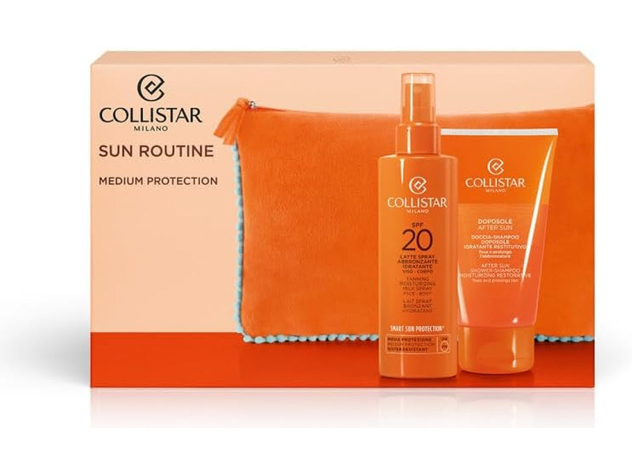 Collistar kit solare, pochette con latte srpay abbronzante Spf 20+ e doccia shampoo doposole 150 ml
