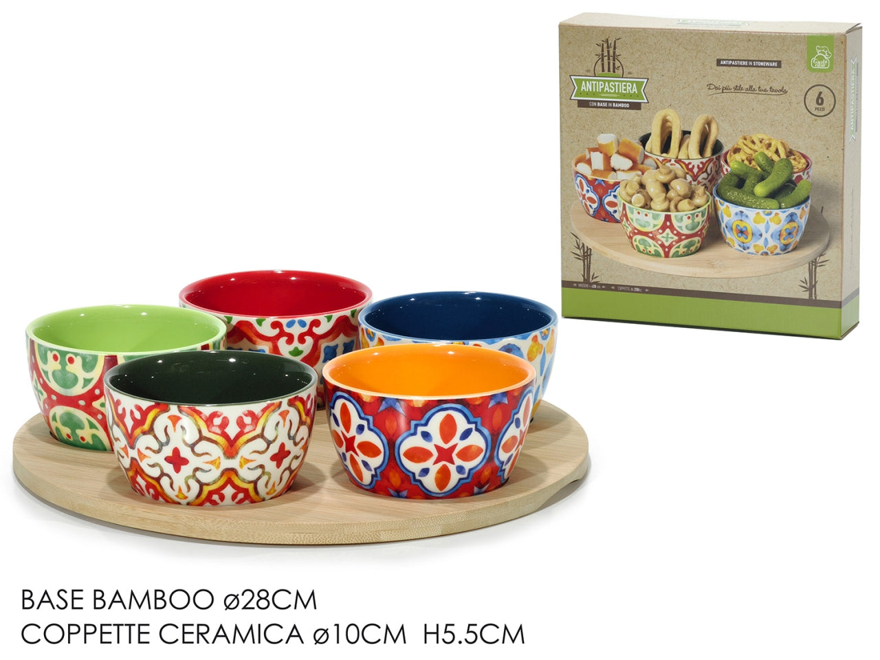 Ciotole per aperitivo con vassoio in ceramica e bamboo mediterraneo, 6 pezzi - Gusto Casa