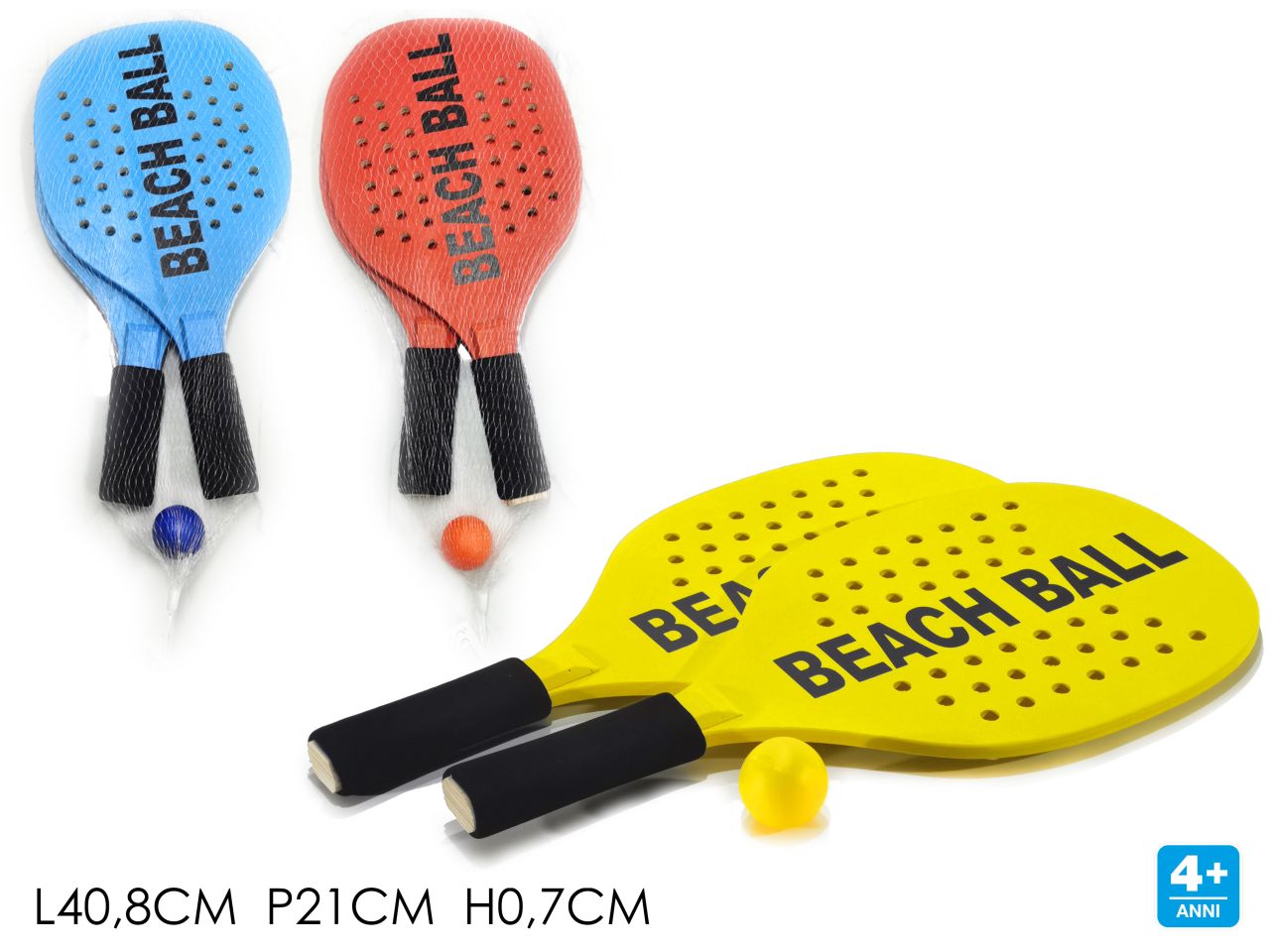 Racchettoni forati beach ball in legno con palla assortiti