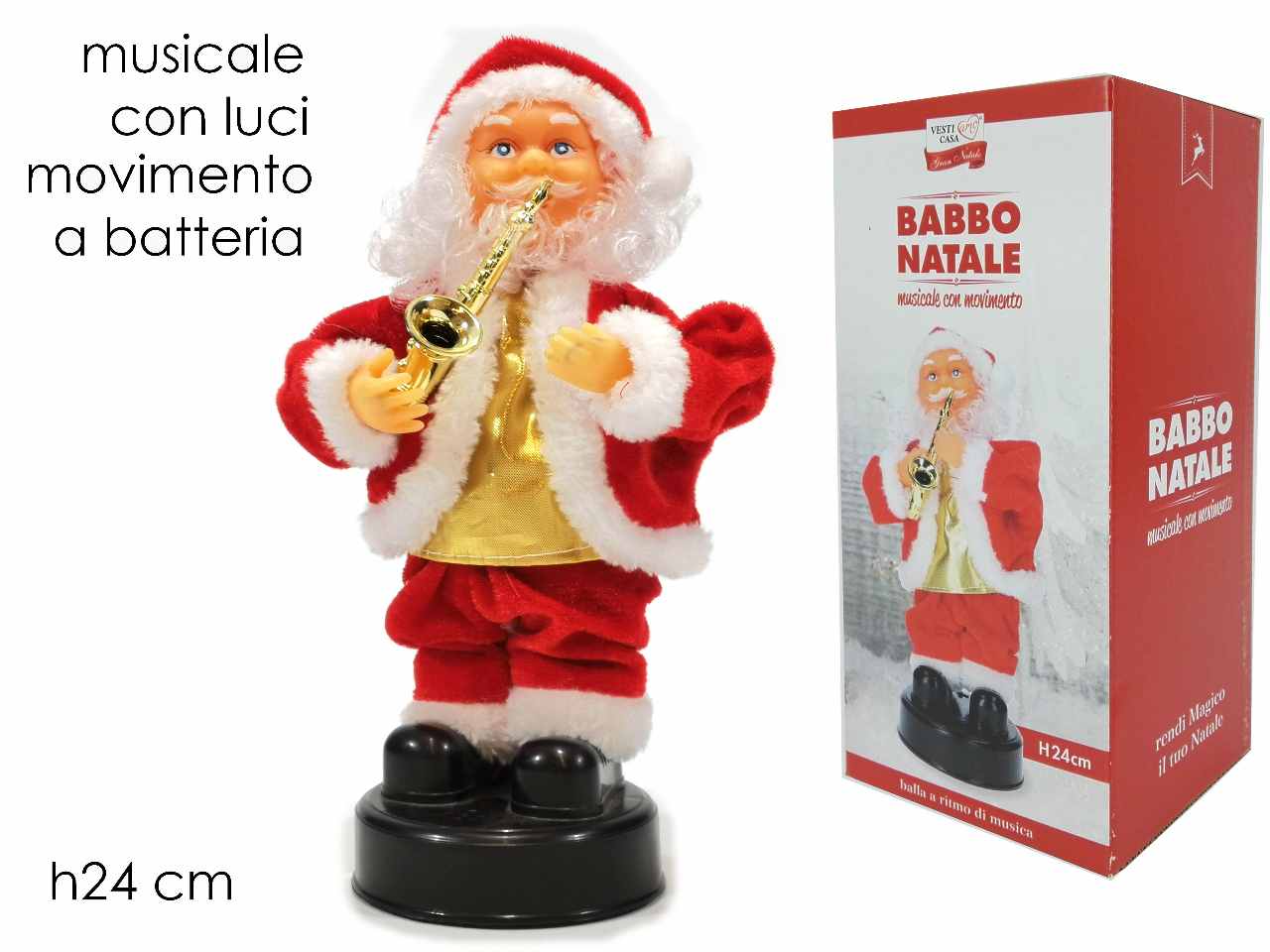 Babbo natale con sassofono con musica e movimenti , funzionamento a batteria 3 assortimenti