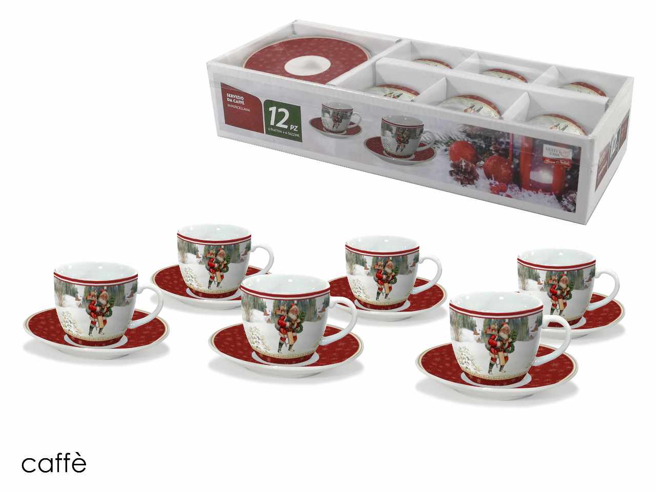 Tazzine da caffe' 6 pezzi con piattini 9cl in porcellana con decoro babbo natale