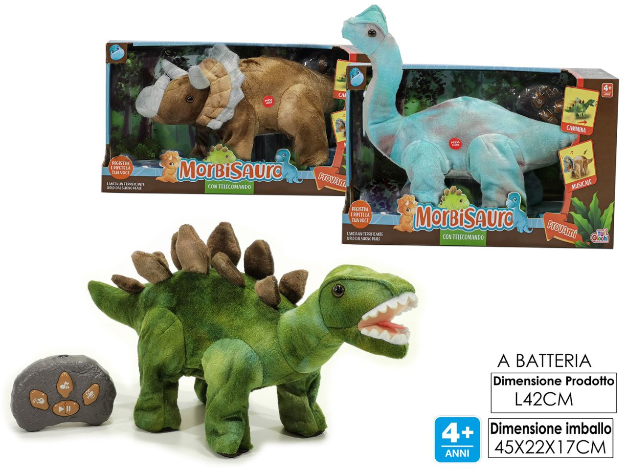 Peluche morbisauro try-me con telecomando, suoni, musica e movimenti