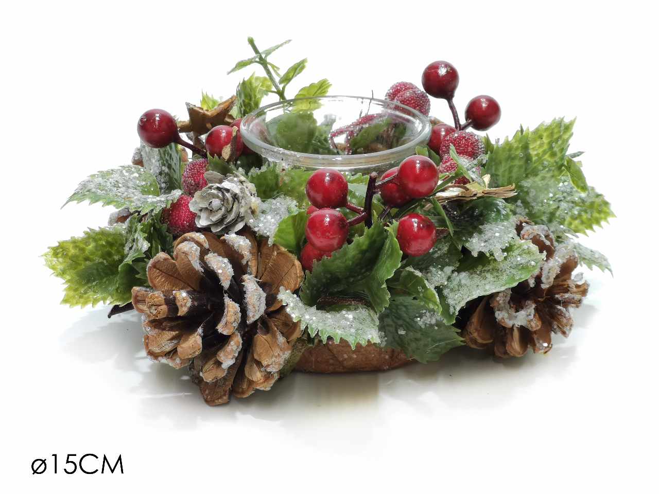 Portacandele con bacche rosse 1 posto d.15cm