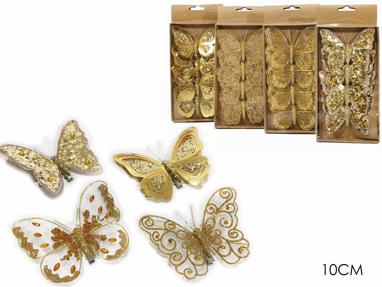 Farfalle set da 4 pezzi con mollettina 10cm oro 4 assortimenti