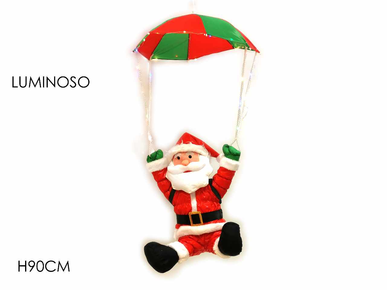 Babbo natale su paracadute con led h.90cm funzionamento a batteria
