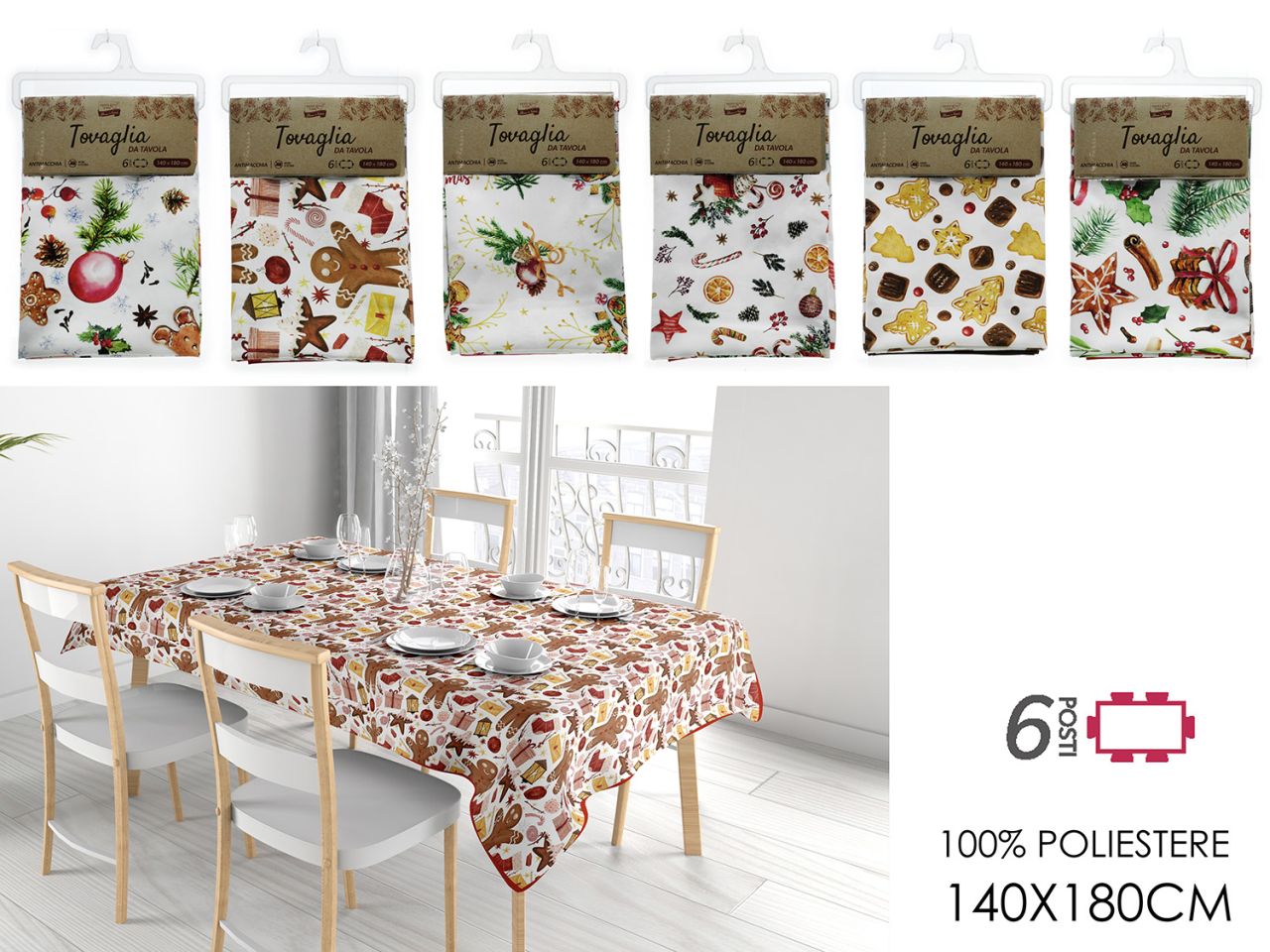 Tovaglia natalizia antimacchia misura 140x180cm in 6 assortimenti