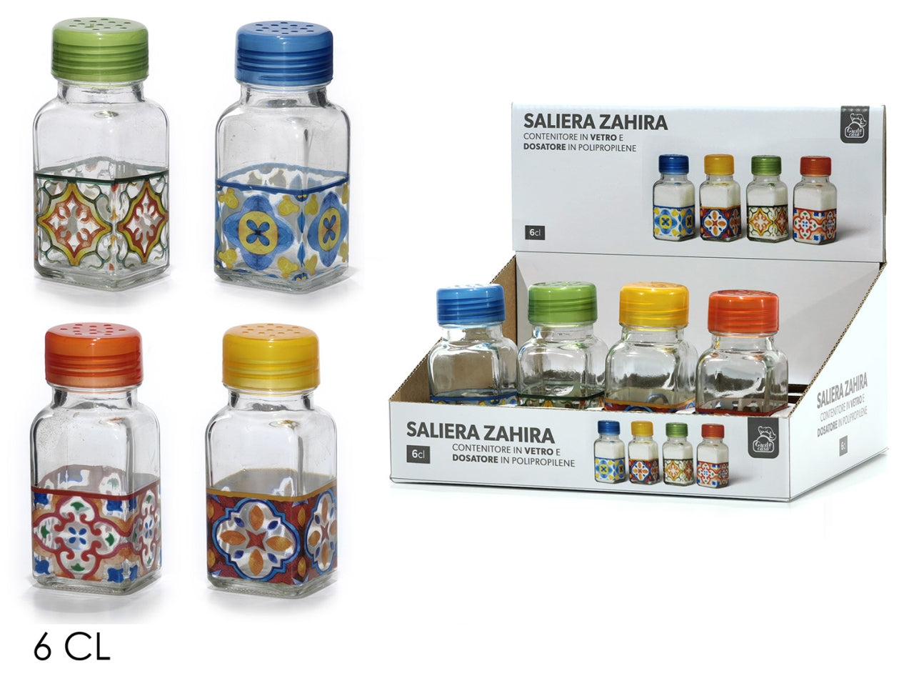 Saliera in vetro con tappo in plastica in Stile Mediterraneo, 6 cl - Disponibile in 4 Colori Assortiti