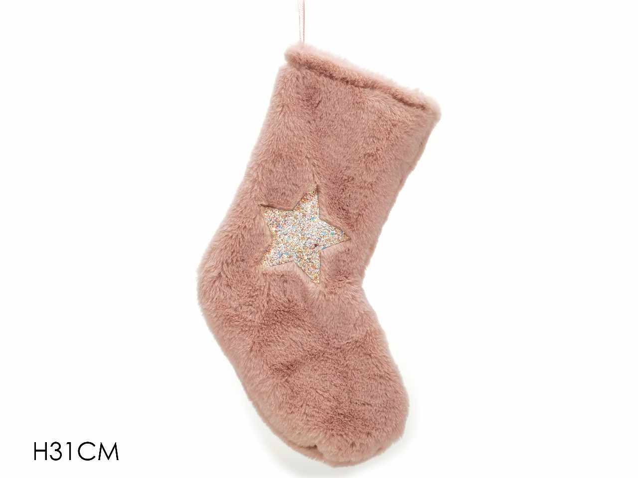 Calza h.31cm rosa con stella glitter oro