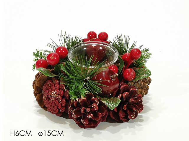 Portacandela con bacche rosse 1 posto 15cm