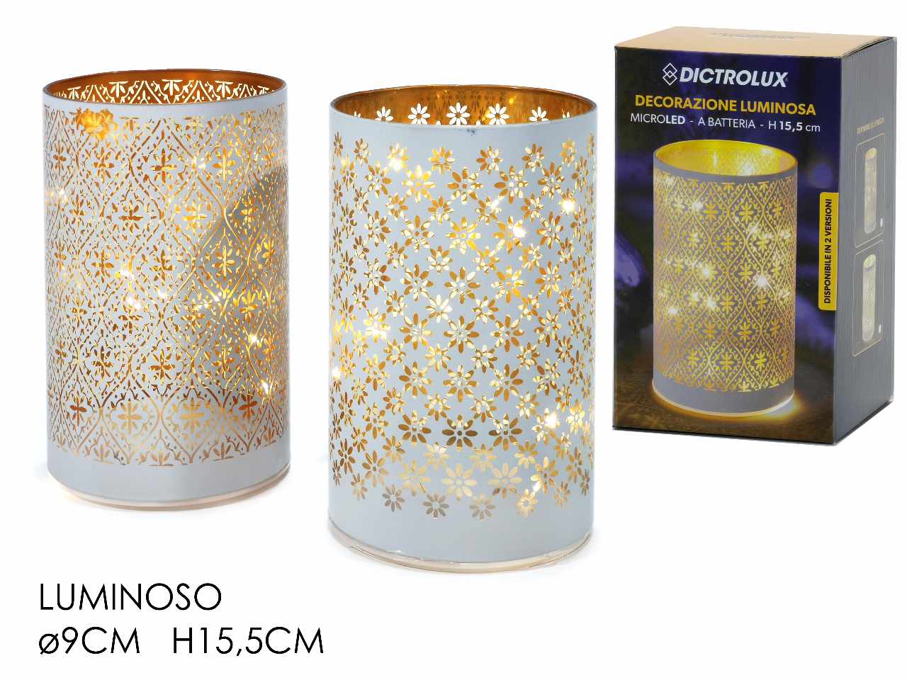 Decorazione natalizia bianco con luci h15.5cm 2 assortimenti. funzionamento a batteria