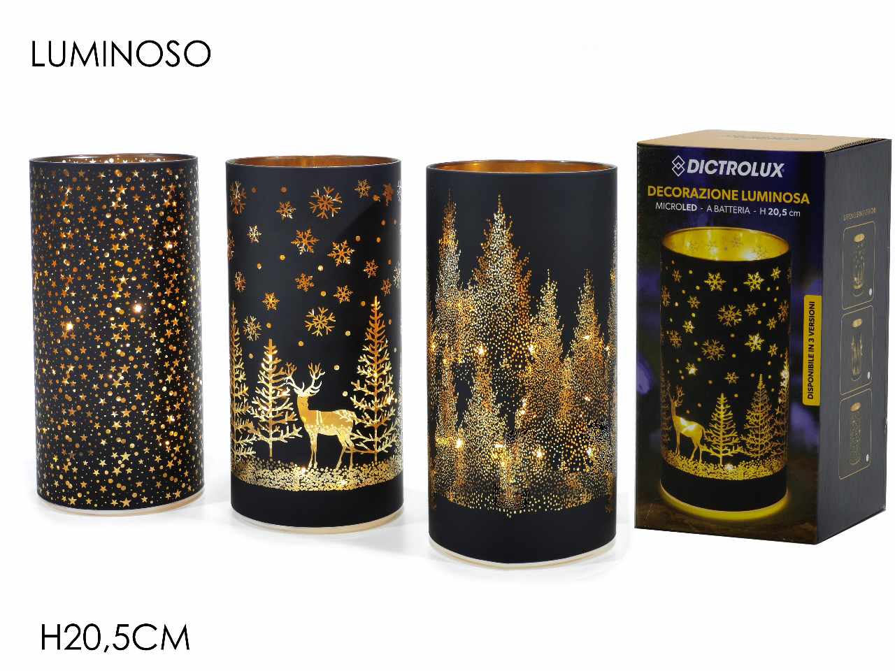 Decorazione natalizia nera con luci  h20.5cm 3 assortimenti. funzionamento a batteria