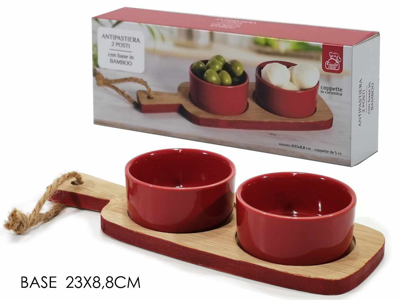 Antipastiera con 2 ciotole rosse e base in bamboo