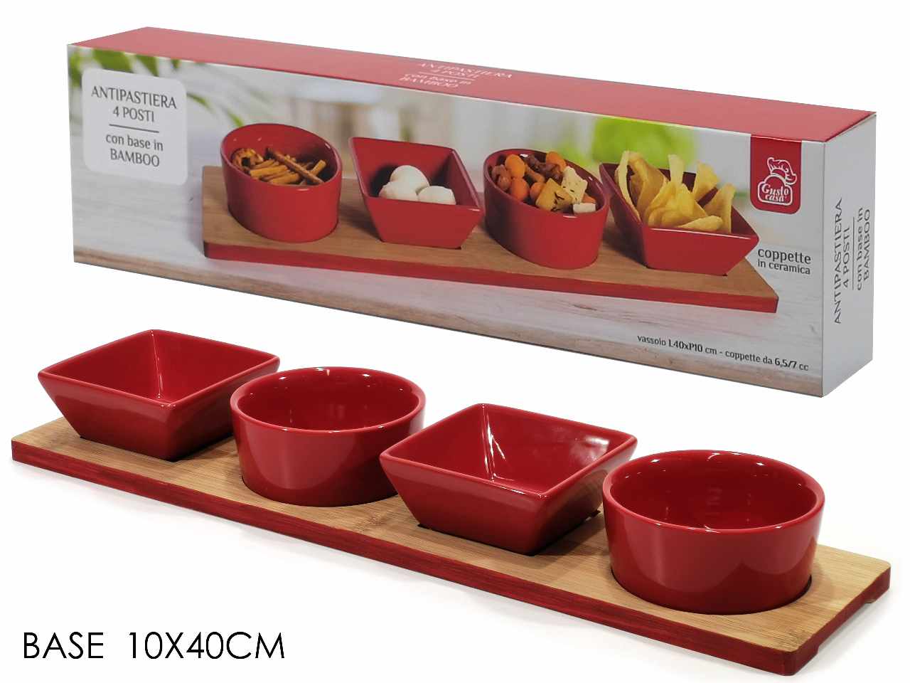 Antipastiera con 4 ciotole rosse e base in bamboo