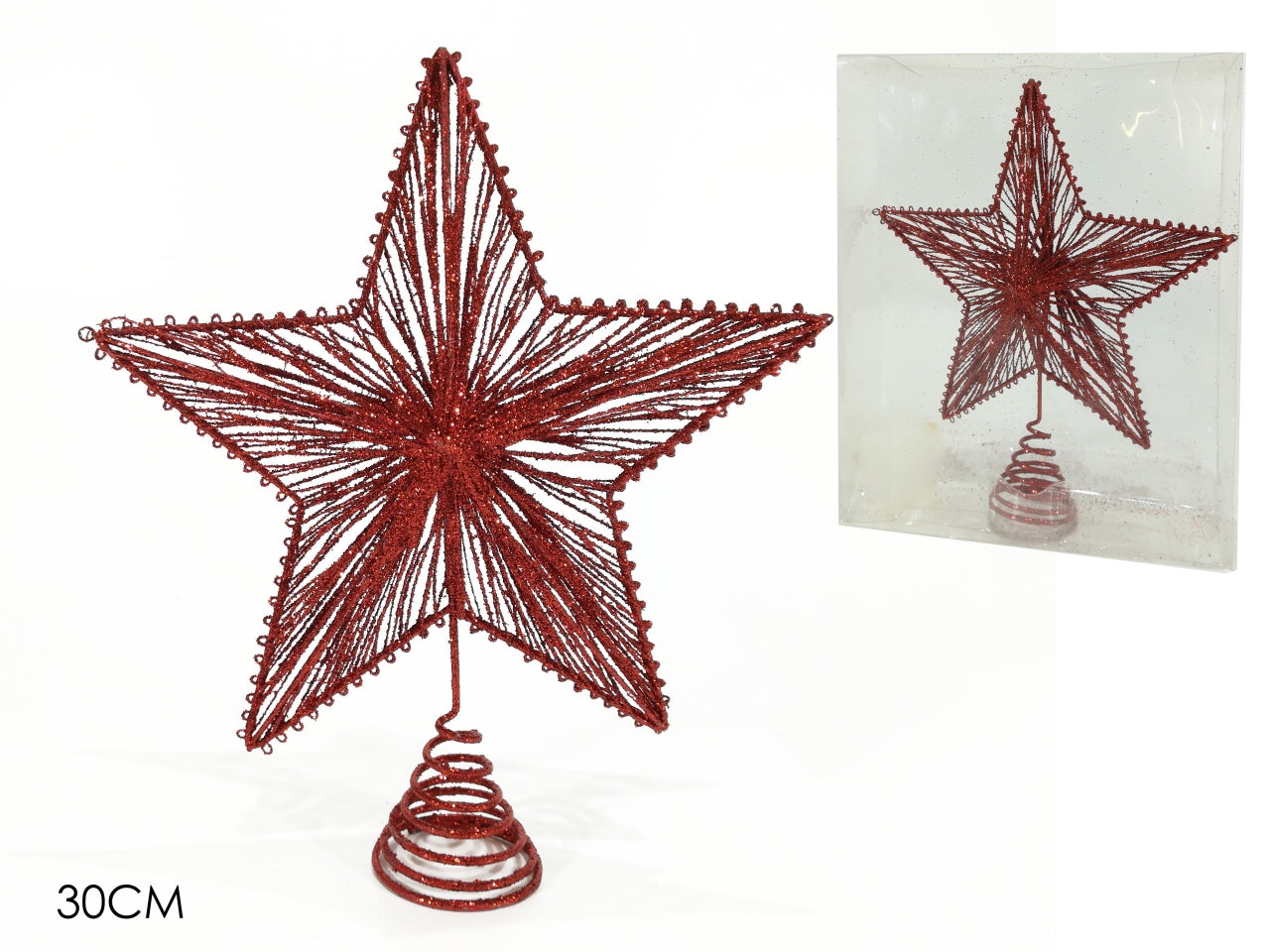 Puntale natalizio per albero in metallo rosso glitterato 30 cm - Vestiamo Casa