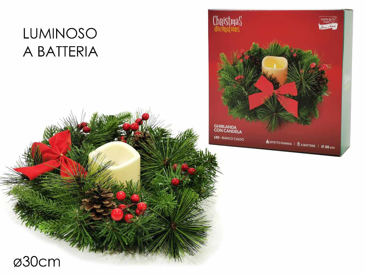 Portacandela con pigne e bacche rosse con luci a funzionamento a batteria