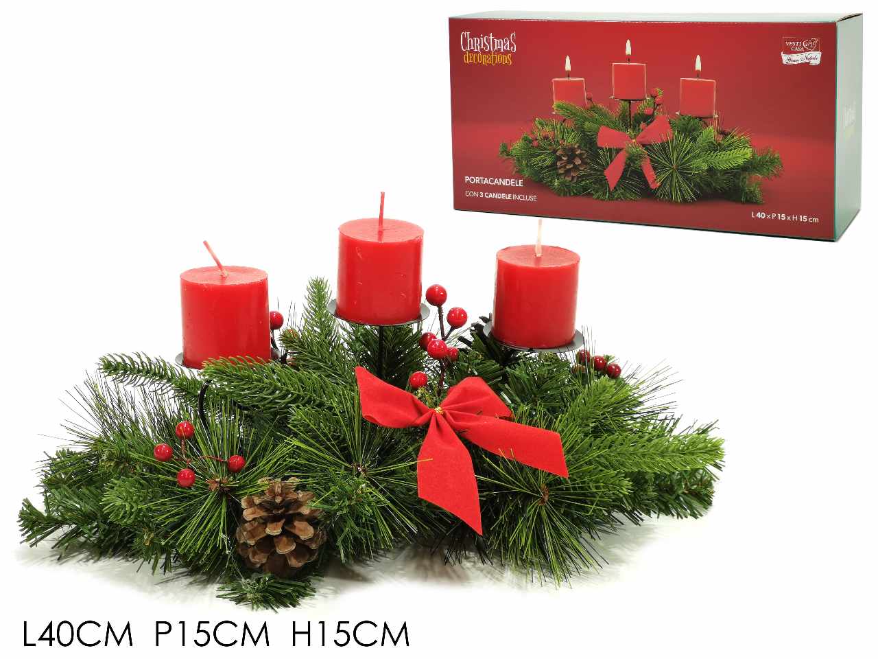 Portacandele con pigne e bacche rosse