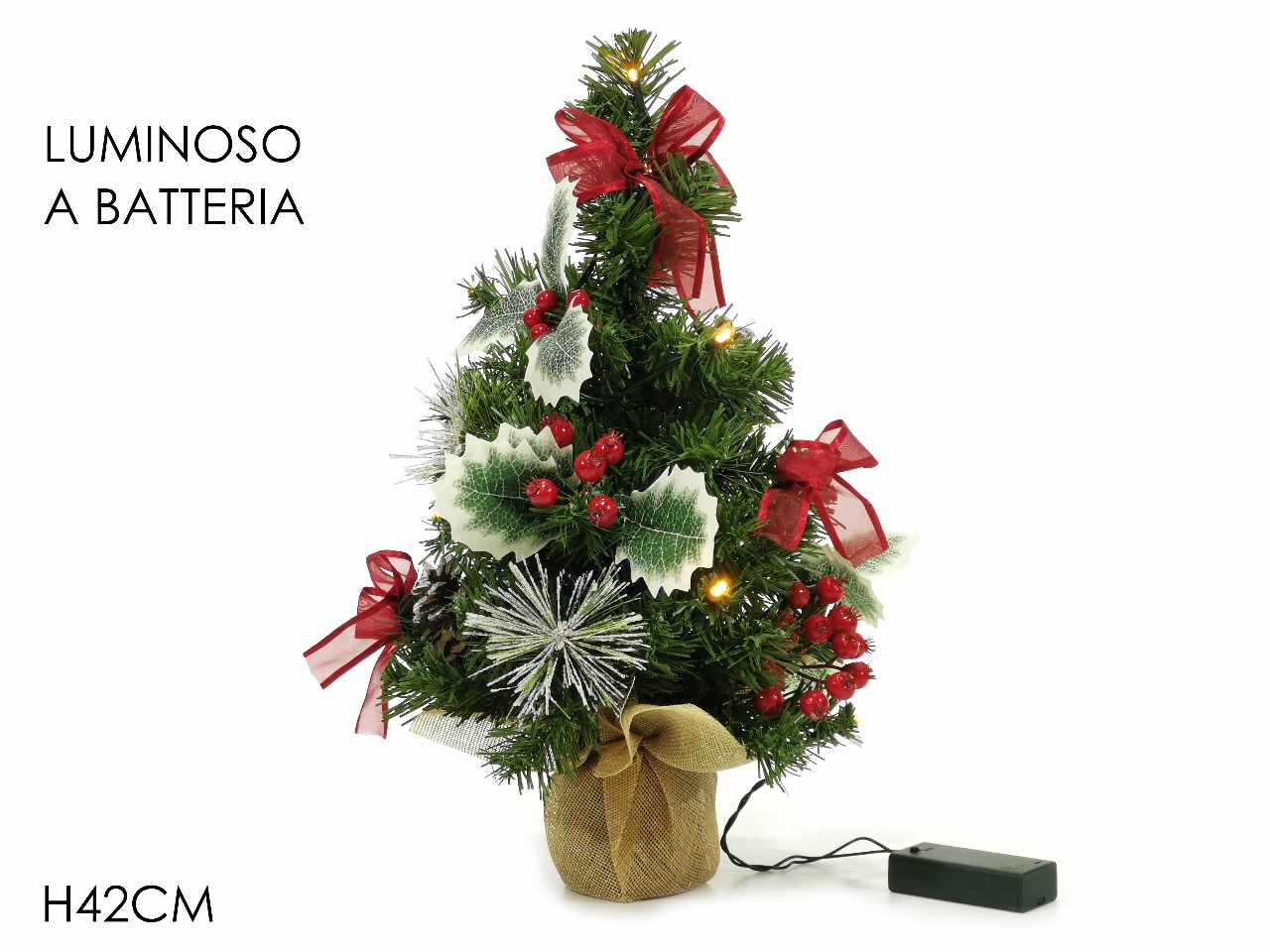 Albero con pigne innevate e bacche h.42cm con luci funzionamento a batteria
