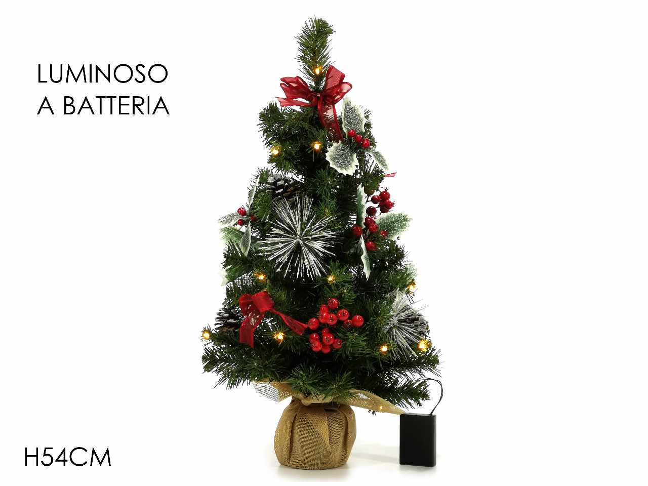 Albero con pigne innevate e bacche h.54cm con luci funzionamento a batteria