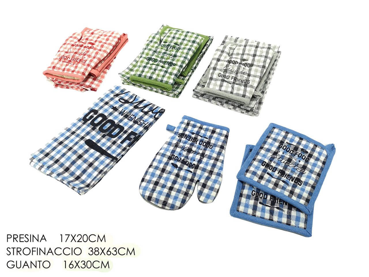 Set con 2 presine, 1 guanto e 1 strofinaccio in 4 assortimenti