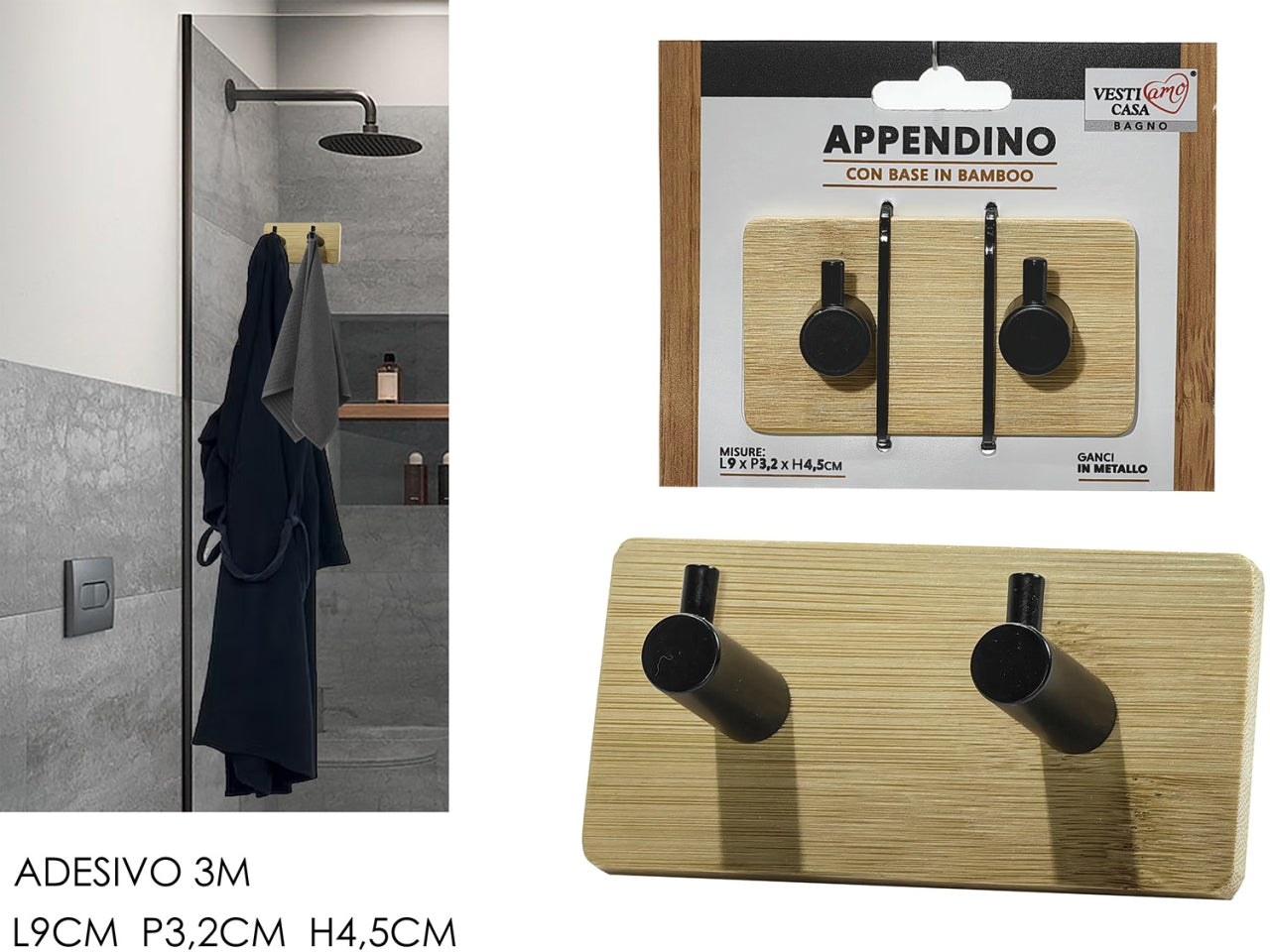 Appendino Da parete per bagno con Doppio Gancio in Metallo Nero e bamboo, Stile Industriale - Adesivo 3M, 3x4,5x9 cm