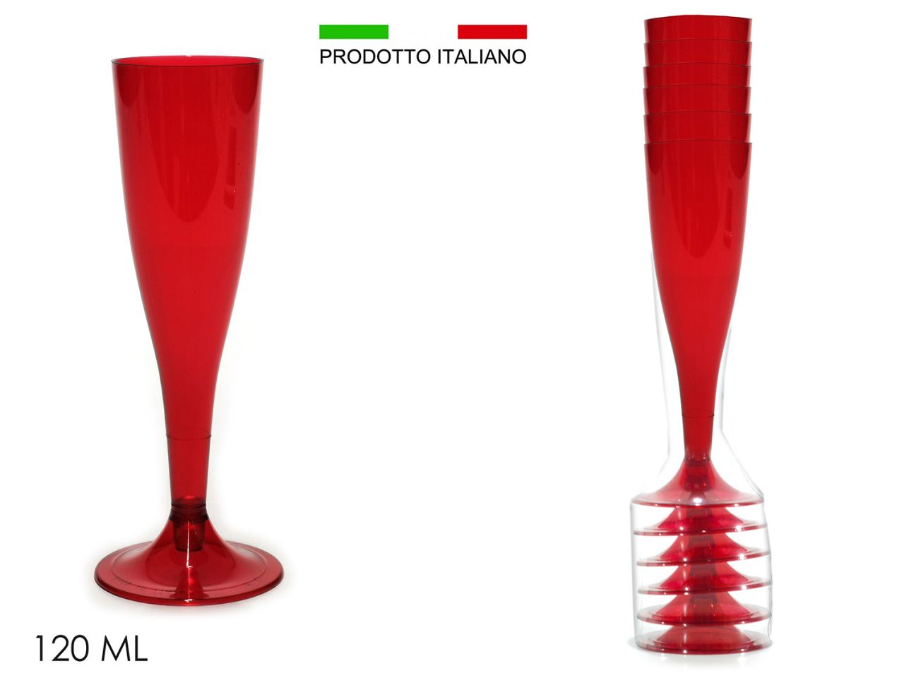 Bicchieri flute colore rosso in plastica capacita' 120ml - la confezione comprende 6 flute