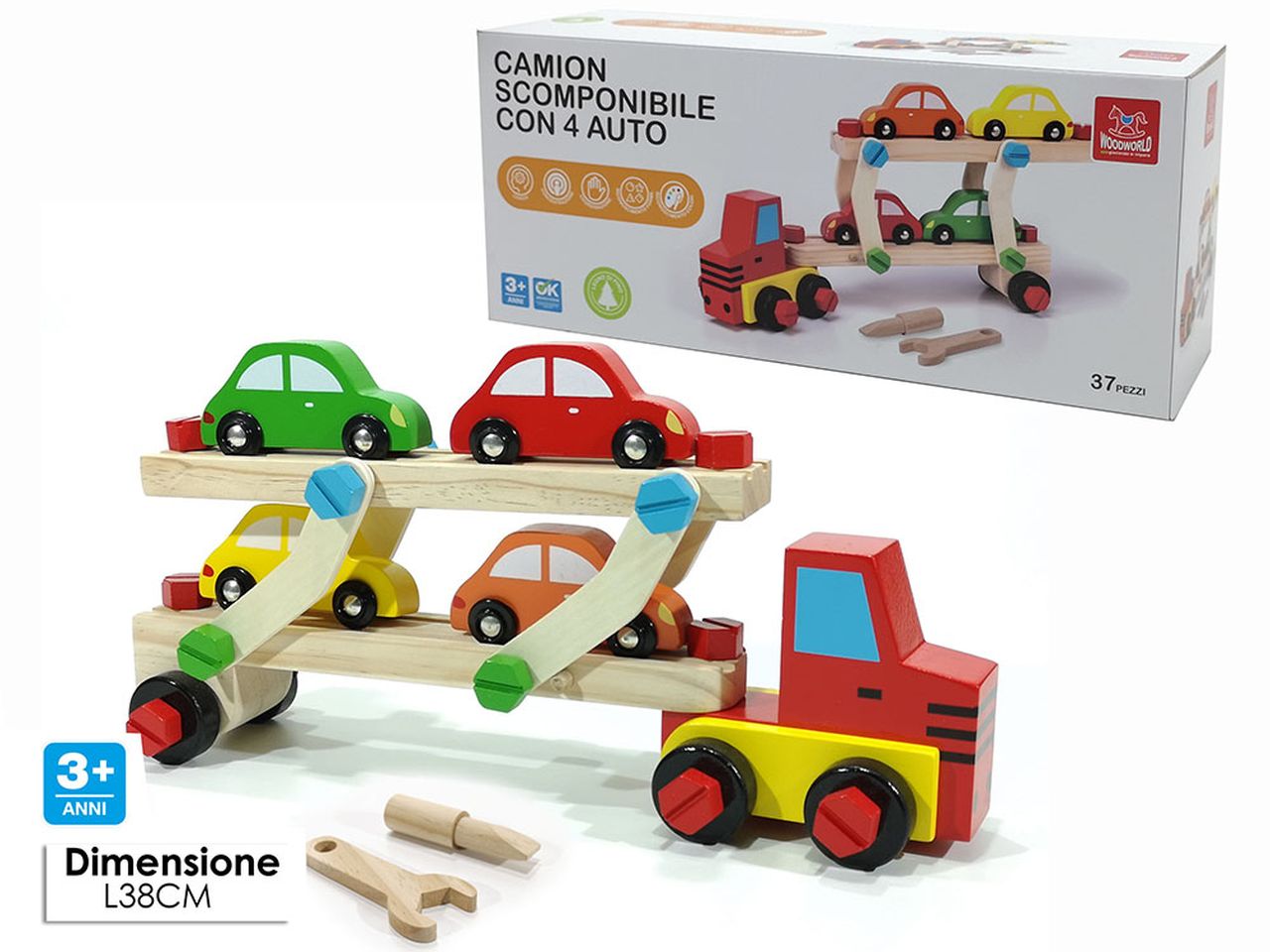 Camion con 4 auto di legno 38cm