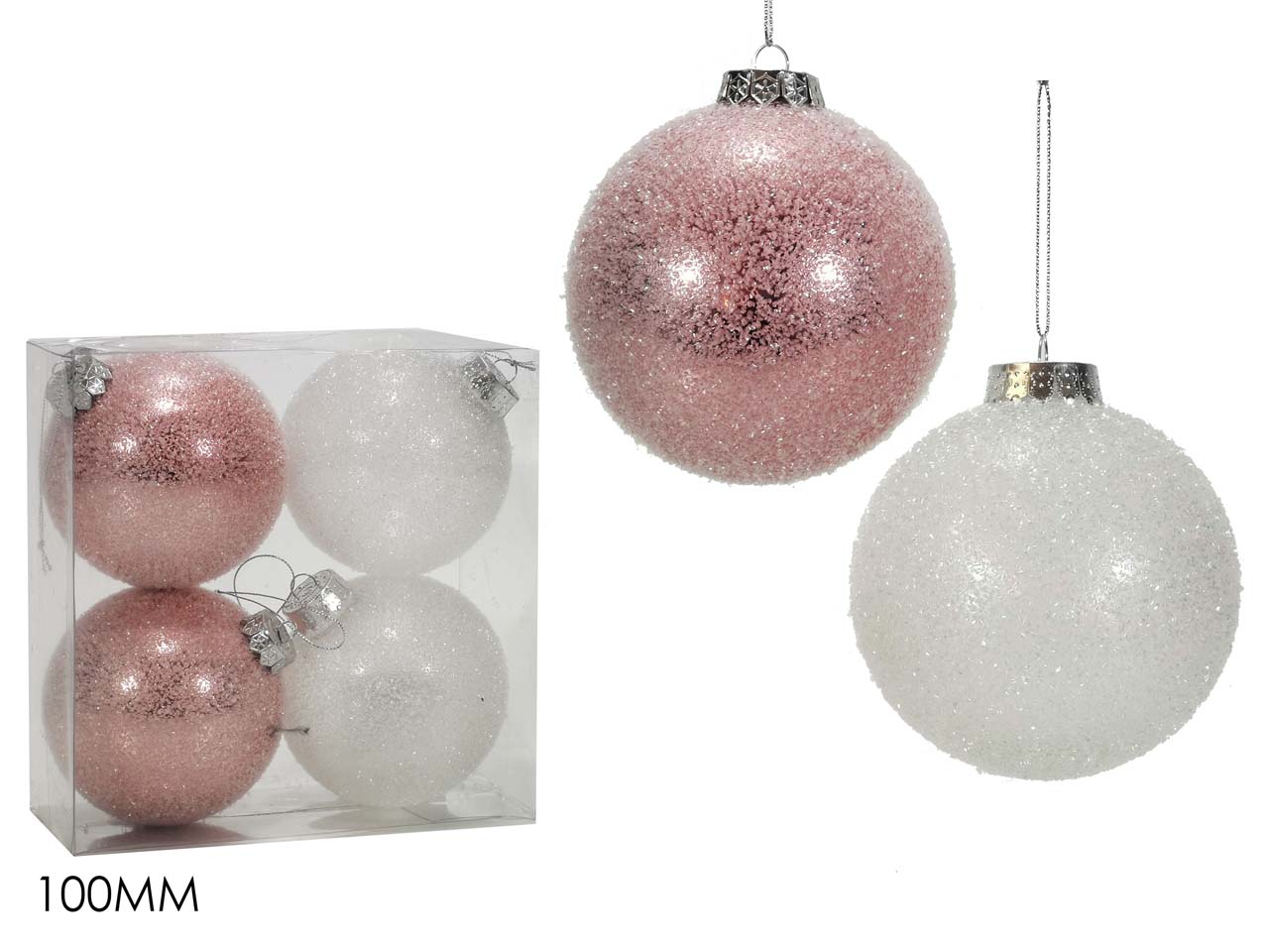 Sfera 100mm 4 pezzi c/glit.oro rosa/bia301139