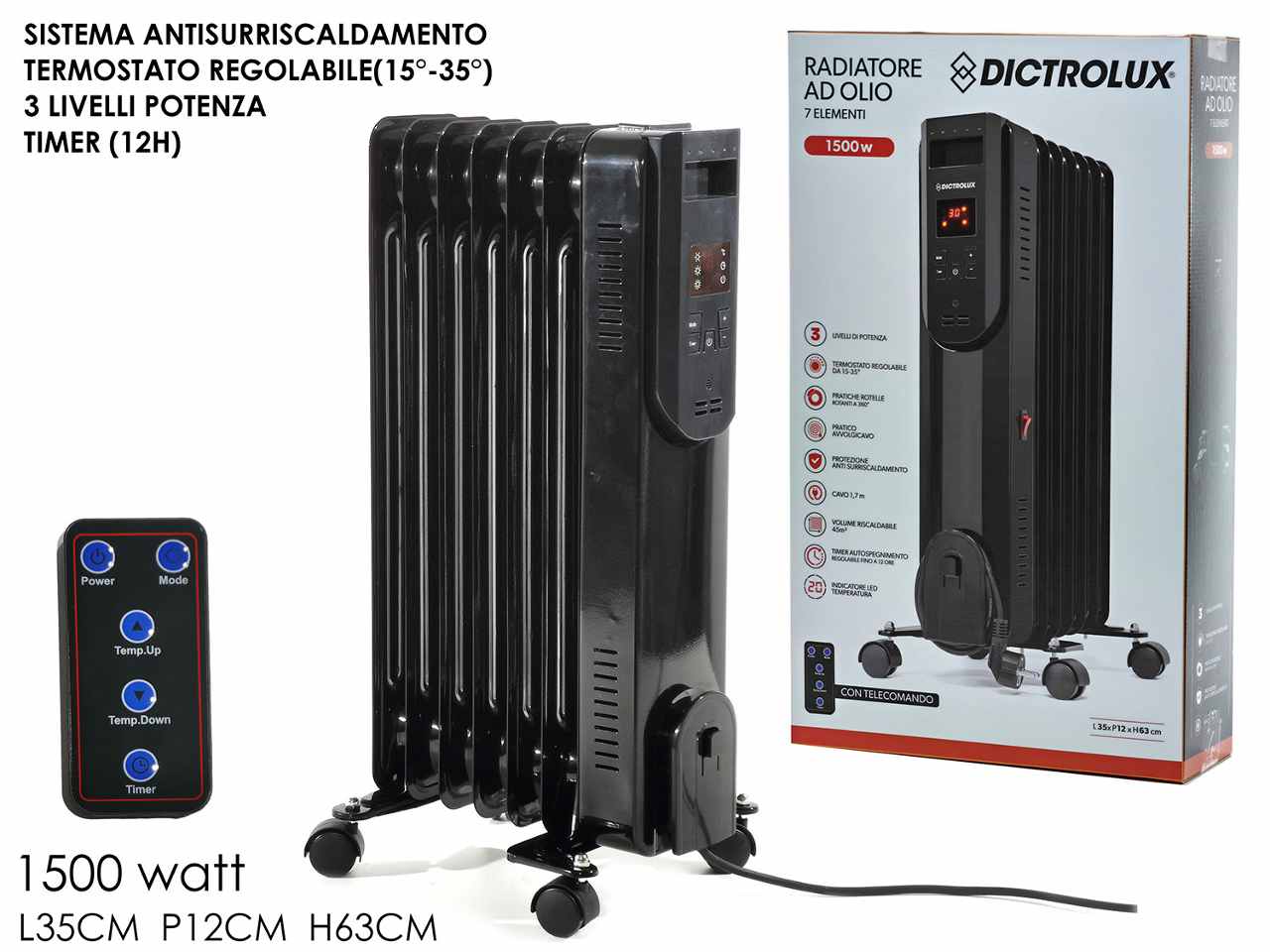 Radiatore ad olio 7 elementi 1500w con telecomando