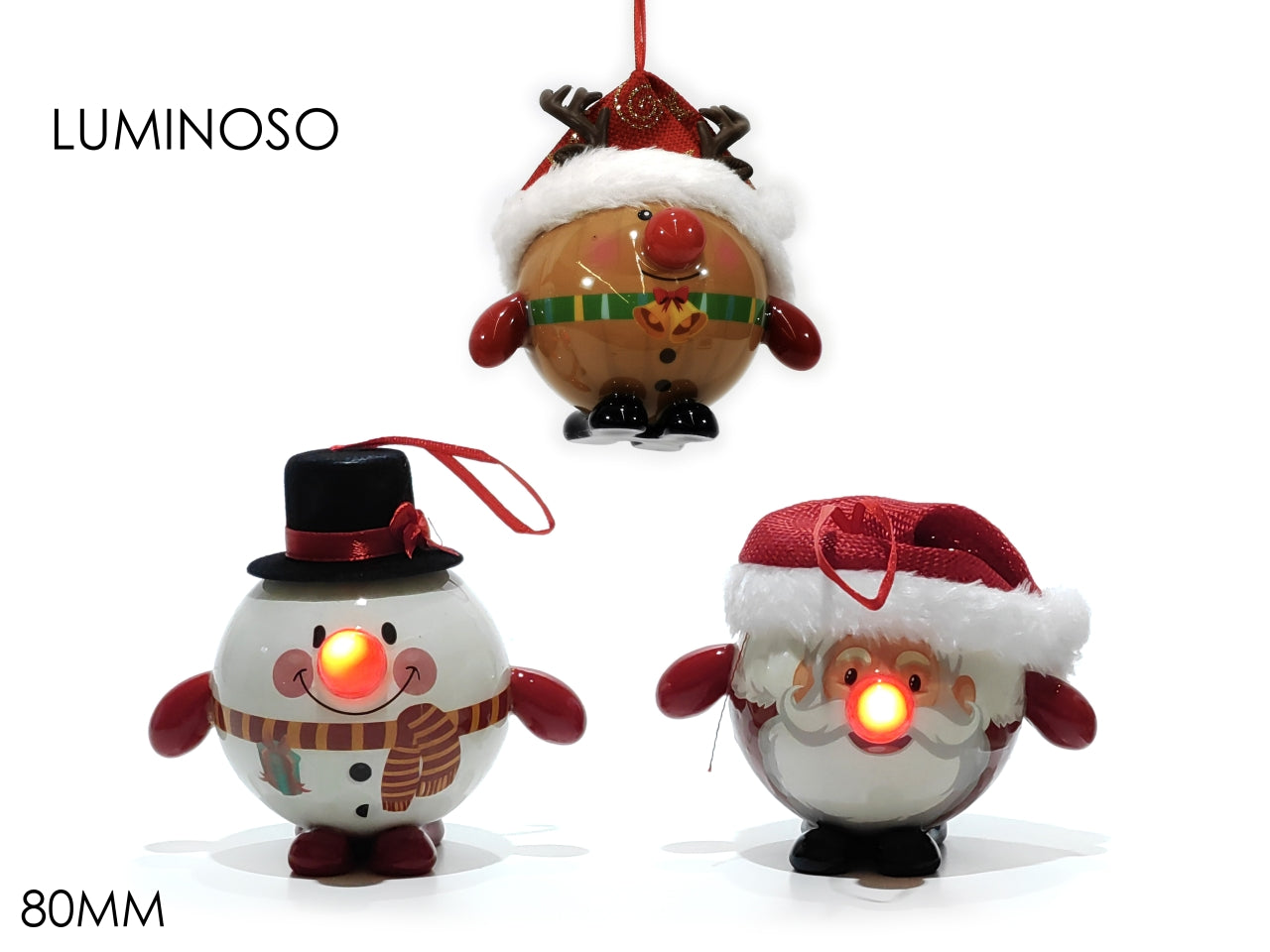 Palla natalizia 80mm luminosa rosso e bianco in 3 soggetti assortiti - Vestiamo Casa