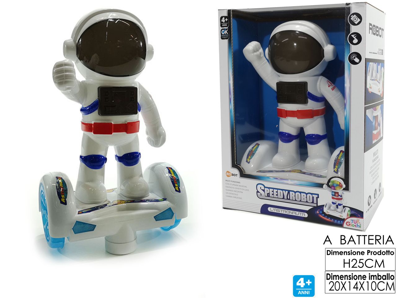Speedy robot astronauta funzionamento a batterie con luci e suoni e movimenti