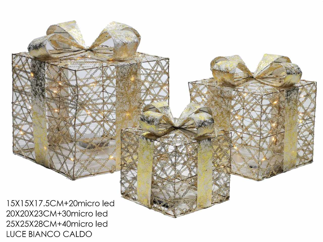 Pacchi natalizi con 90 microled bianco caldo set da 3 pezzi. misura pacco grande: 15x15x17,5cm+ 20microled - medio 20x20x23cm+ 30microled- grande: 25x25x28cm+40microled