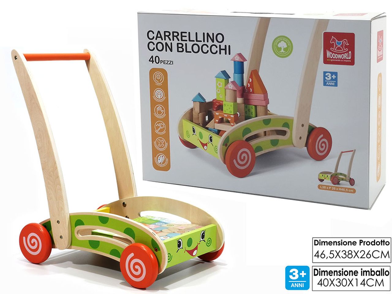 Carrellino in legno con 40 blocchi 46,5x38x26cm